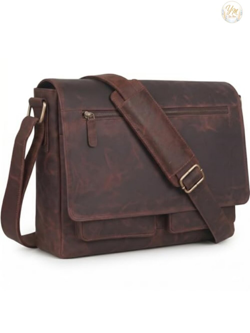 Full Grain Leather Messenger Bag 15" Padded Laptop Compartment Work Travel
